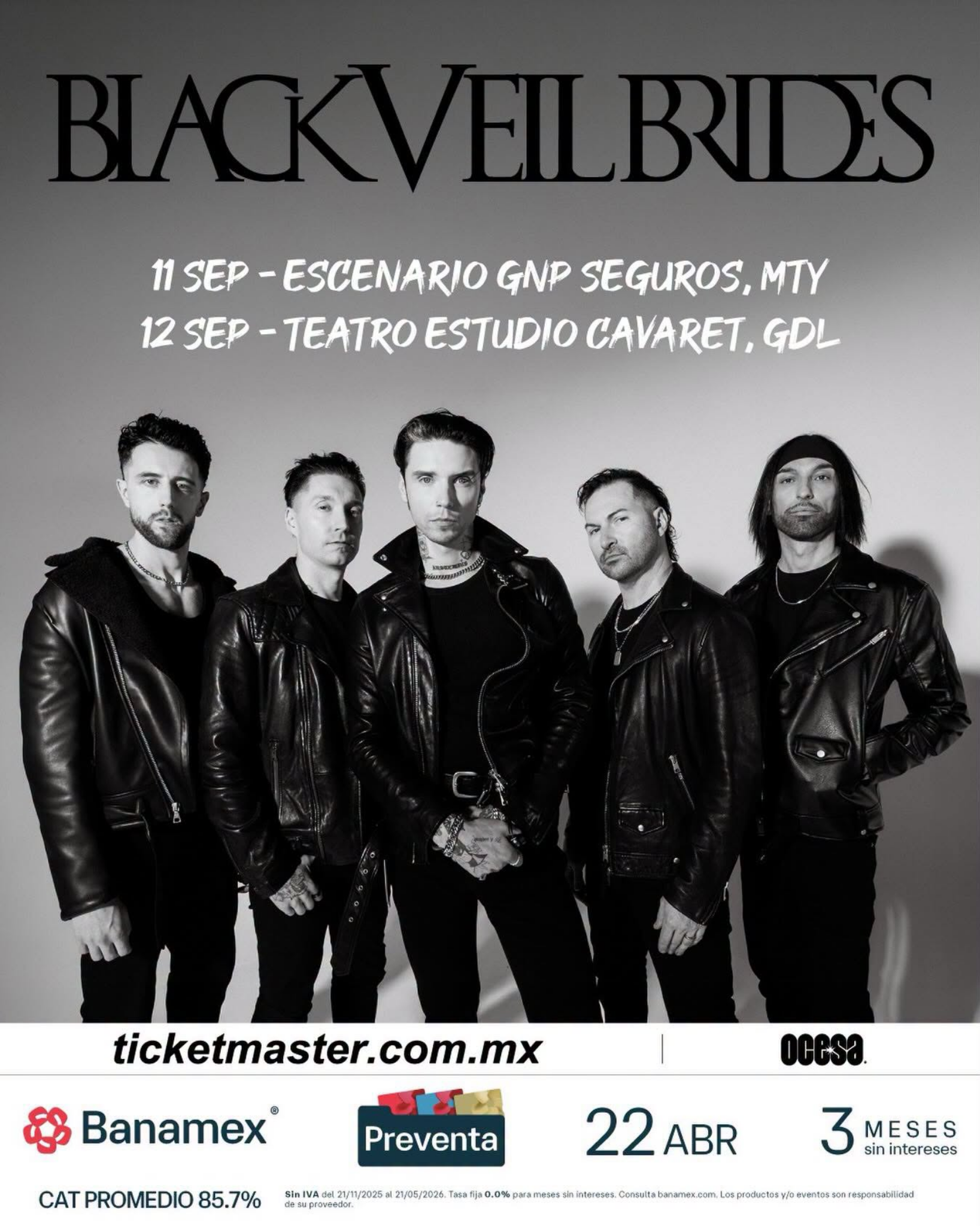 Black Veil Brides anuncia shows en Monterrey y Guadalajara rumbo al Vans Warped Tour CDMX 2026